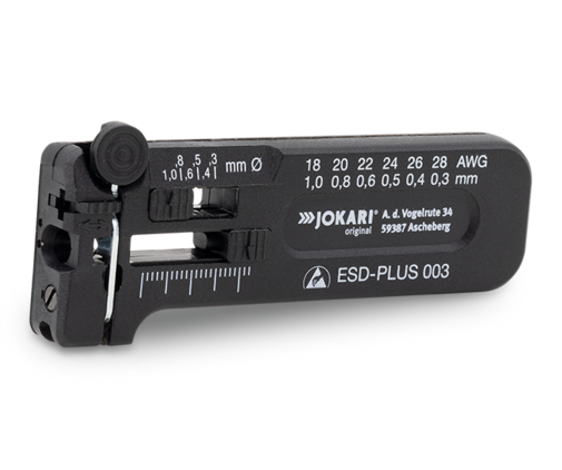 JOKARI Precision Wire Stripper PWS ESD-PLUS 003 made of electrostatically dissipative material for stripping fine conductors, strands and wires from 0.30 to 1 mm Ø