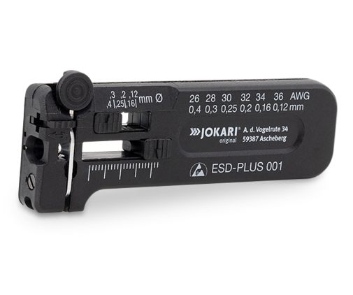 JOKARI Präzisions-Abisolierwerkzeug ESD-PLUS 001 aus elektrostatisch ableitendem Material zum Abisolieren feiner Leiter, Litzen und Drähte von 0,12 bis 0,40 mm Ø
